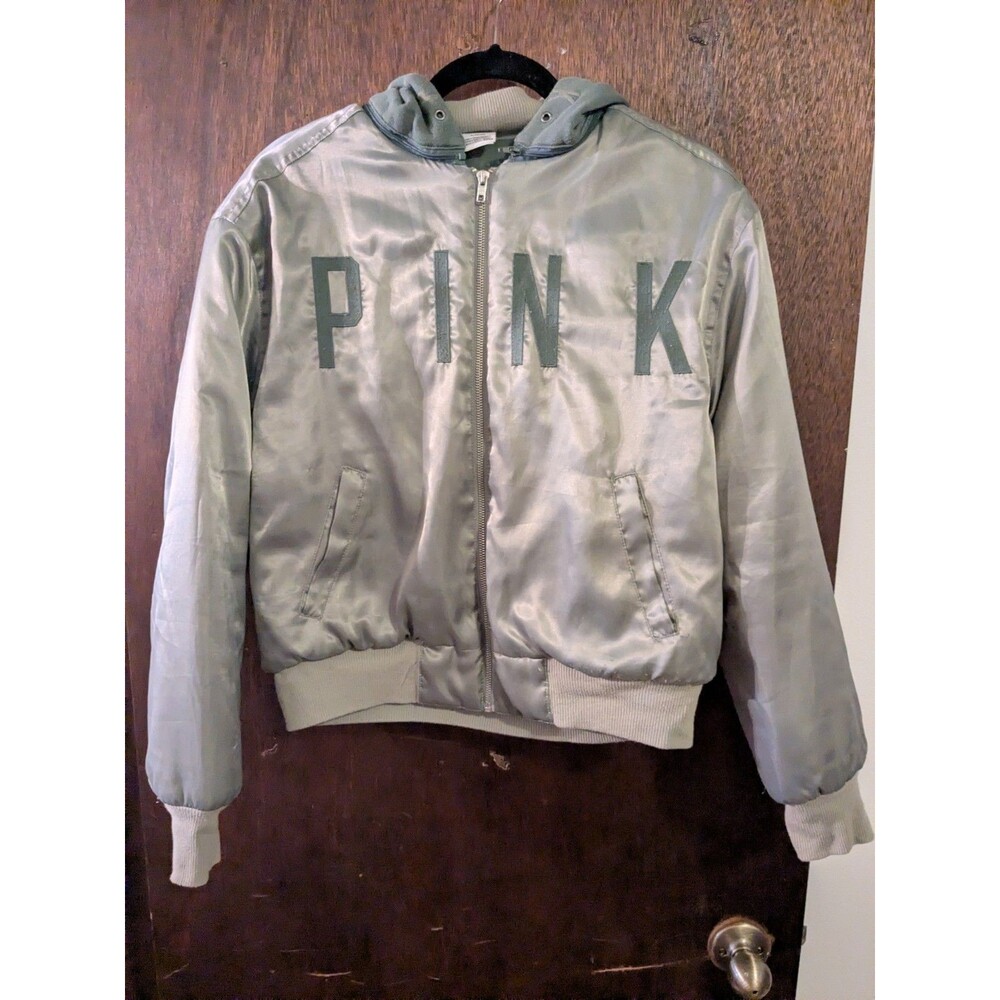 PINK Victoria's Secret Medium Green Bomber Jacket Detachable Hood